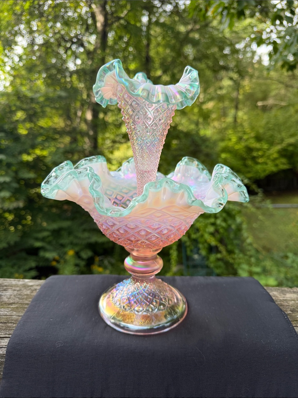 Fenton Iridescent Pink and Green Hobnail Epergne